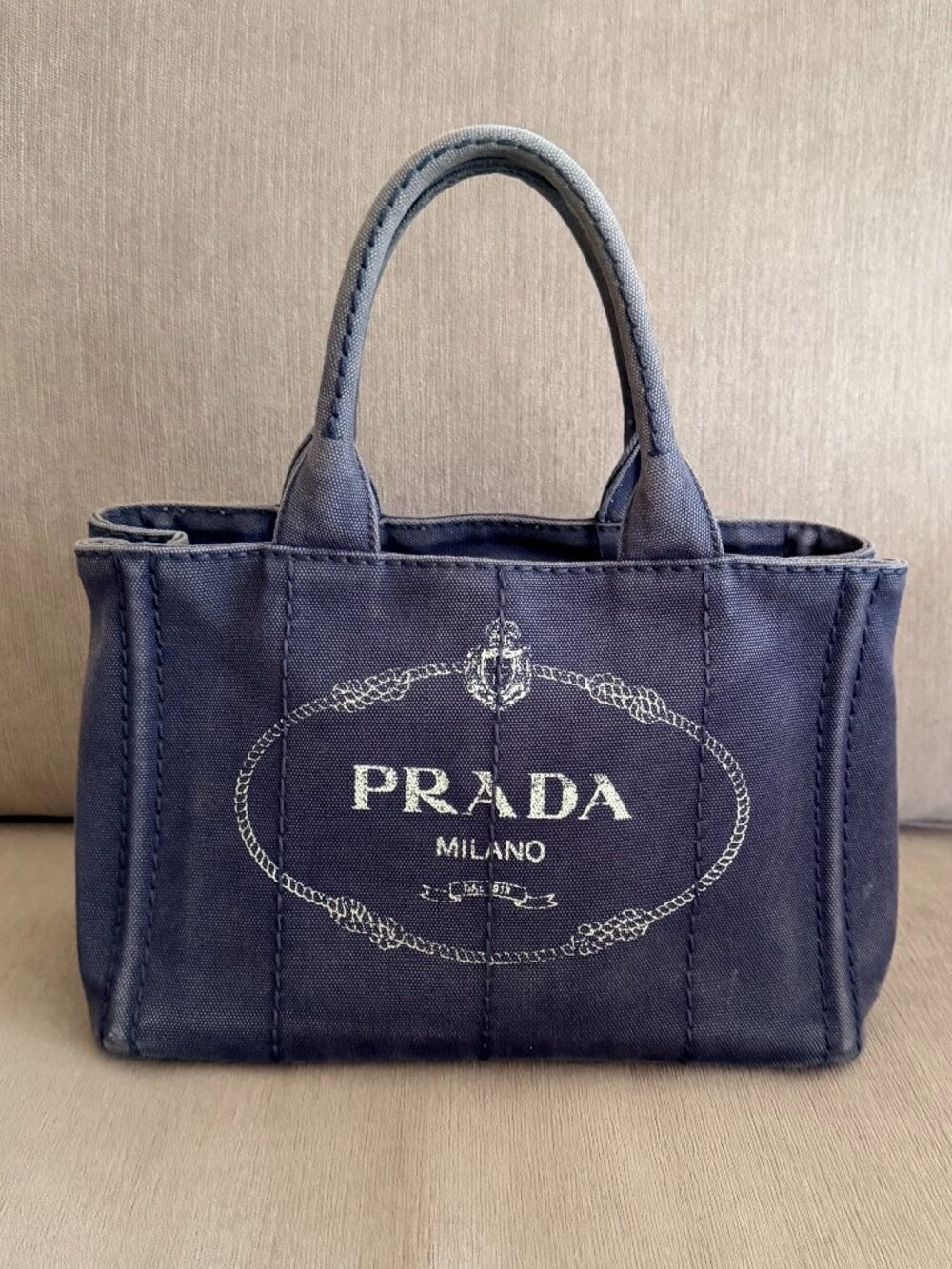 Prada Canapa Mini Tote Navy Blue 💙 Canvas Logo Bag Authentic